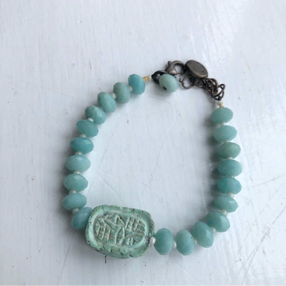 Sterling Silver Faceted cut Turquoise Beaded Carved Turquoise Stone Bracelet